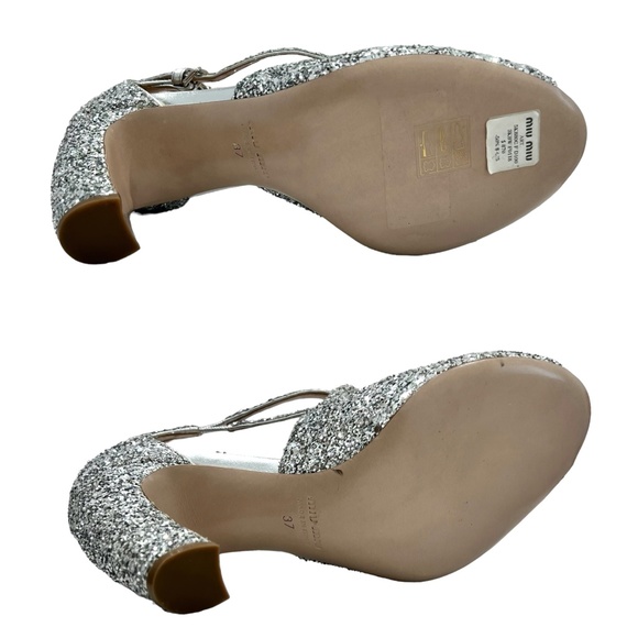 MIU MIU SILVER GLITTER OPEN TOE 2 STRAP CRISS CROSS 4" HEEL SANDALSl - Picture 16 of 16